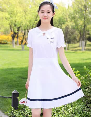 生女夏装2018新款中高学生学院风法式连衣裙中长裙少女小清新 白色 l
