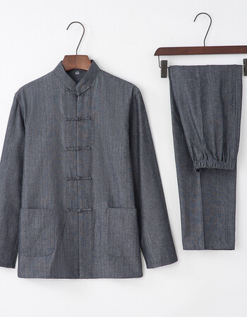 中国风套装唐装男长袖外套中式复古汉服太极居士服两件套 烟灰色 170