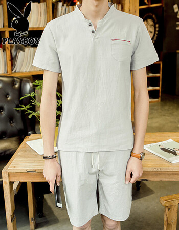 花花公子 男士棉麻套装亚麻文艺套装休闲运动套装男 灰色 xl