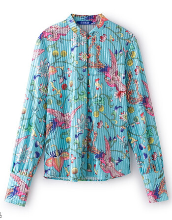 丝藤 凤凰花卉印花 潮流新款丝绒长袖衬衫女44084 亮青色 s