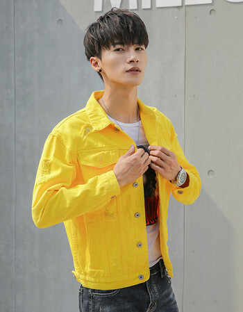 潮流男装春秋季牛仔外套青年个性修身夹克男新款韩版帅气衣服 黄色 s