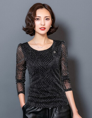t恤女长袖秋冬季修身金银丝网纱上衣纯色大码圆领百搭外穿打底衫 552