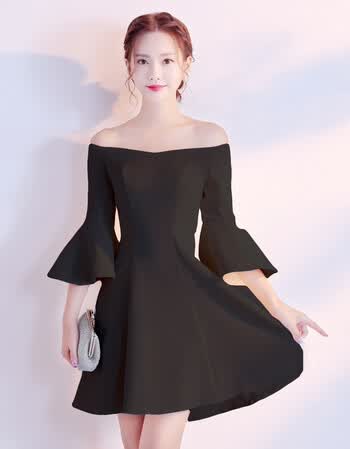晚礼服夏季宴会一字肩短款优雅显瘦派对小礼服年会聚会收腰连衣裙女