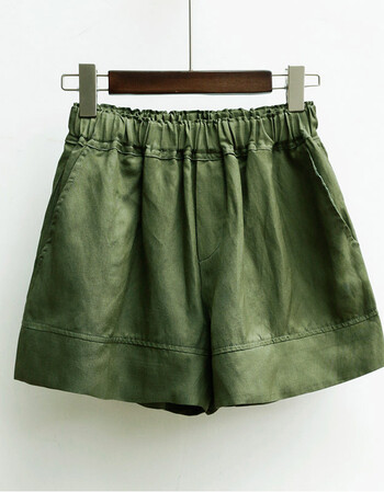 亚麻短裤女夏季2018新款高腰a字休闲裤松紧腰宽松棉麻阔腿裤 军绿色 l