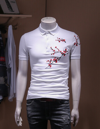 2018夏季新款刺绣polo衫男梅花图案绣花青年修身翻领短袖t恤男装t