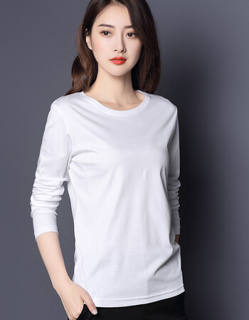 夏尔维纳2018t恤春装新款百搭修身丝光棉纯棉打底衫纯白色中长袖上衣