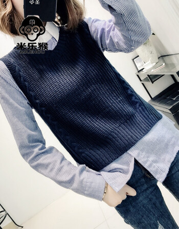 女薄款2018秋季新款无袖针织衫学生后背镂空绑带马夹 藏青色 单件马甲