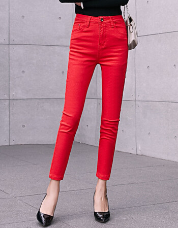 夏尔维纳2018新款春季女士大红色牛仔裤弹力修身显瘦铅笔裤小脚韩版九