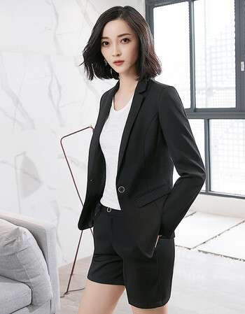 时尚两件套2018新款职业简约短裤套装长袖ol西服女工装 黑色西装 裤子