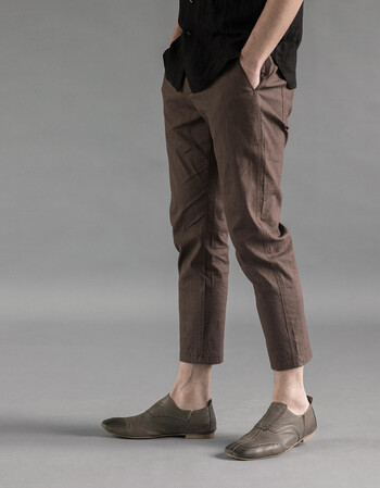 混纺咖色棉麻九分裤男士 原创设计简约透气休闲长裤夏 咖啡色 32