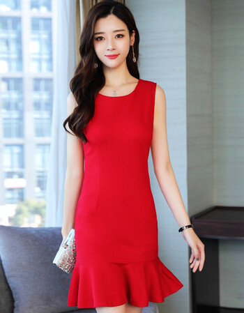 女2018新款鱼尾裙韩版时尚气质夏装短裙修身显瘦包臀裙 红色无袖 m