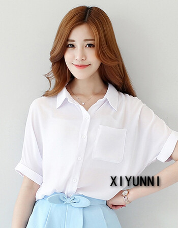 悉云妮2018雪纺白色衬衫女蝙蝠袖夏季新款上衣韩版宽松百搭短袖衬衣