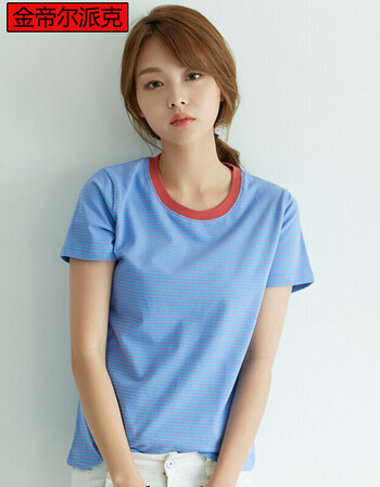 韩版圆领条纹短袖t恤女纯棉宽松海军风显瘦t恤女装lq8829 蓝色条纹 xl