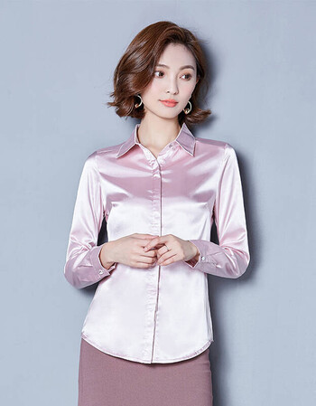 仿衬衫女长袖 丝绸缎上衣 修身女士丝滑ol职业打底防衬衣 粉色 xl