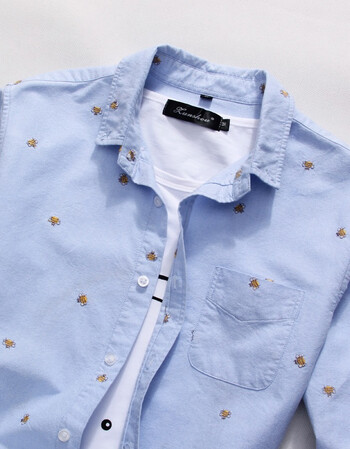 富贵鸟 长袖衬衫男2018春新款男士休闲小蜜蜂衬衫 浅蓝色 m