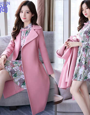 春装连衣裙女2018新款套装裙时髦套装韩版气质修身毛呢外套两件套