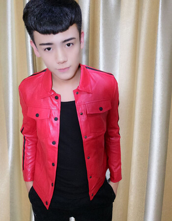 红人同款秋季皮夹克男韩版修身皮衣外套社会小伙青少年潮男装 红色 m