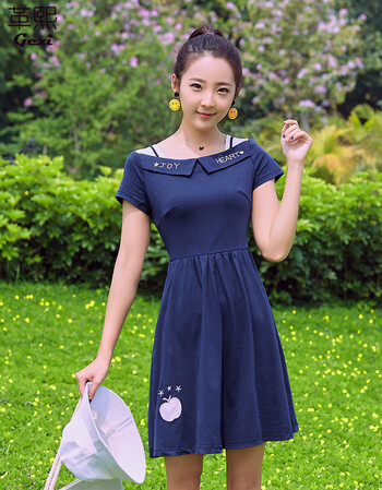革熙2018少女夏装甜美修身短袖连衣裙女中长款a字裙初中高中学生夏季