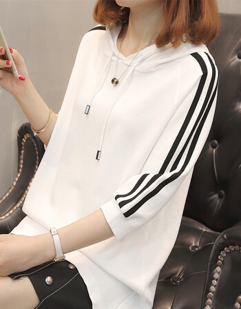 打底帽衫女薄款2018韩版宽松百搭短款条纹连帽冰丝卫衣夏天女 白色 xl