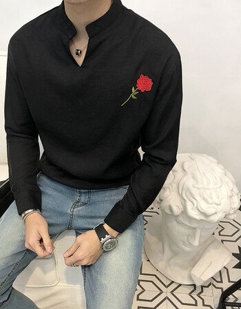 2018夏季新款爆款潮流韩版男士简约黑白长袖修身衬衫胸口绣花玫瑰衬衣