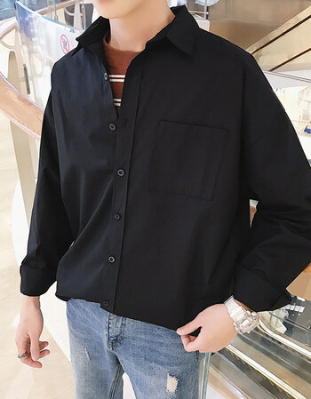 衬衫男长袖韩版潮流休闲ins小清新衬衣bf外套港风宽松ulzzang 黑色 s