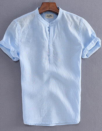 小清新白色短袖立领亚麻衬衫男士休闲麻料上衣修身棉麻衬衣男 浅蓝色