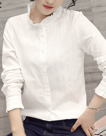 2017秋冬新款韩版加绒加厚打底衫潮白色木耳领长袖衬衫女纯棉衬衣