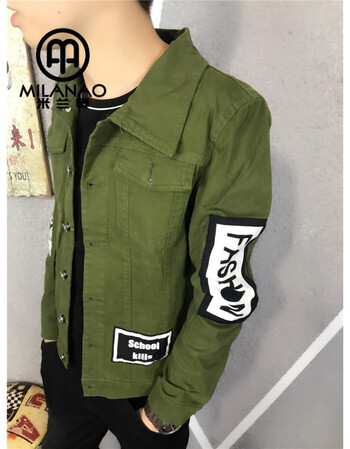 潮牌 潮牌秋季新款牛仔夹克男人外套修身褂子韩版时尚学生上衣 军绿色