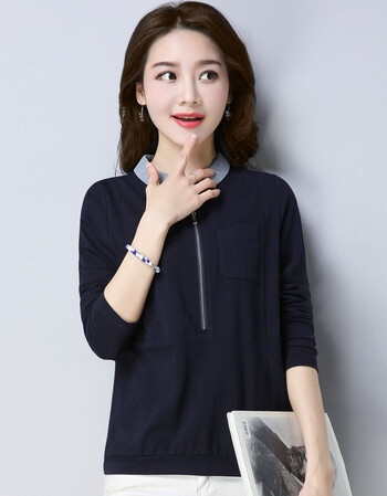 纯棉t恤女长袖宽松百搭2018春季新款立领打底衫女内搭上衣短款 藏青色