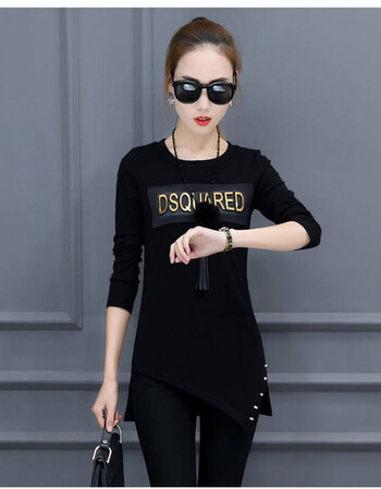 搭配牛仔裤的上衣秋中款带亮片长袖t恤女皮衣内搭休闲单穿单衣服 黑色