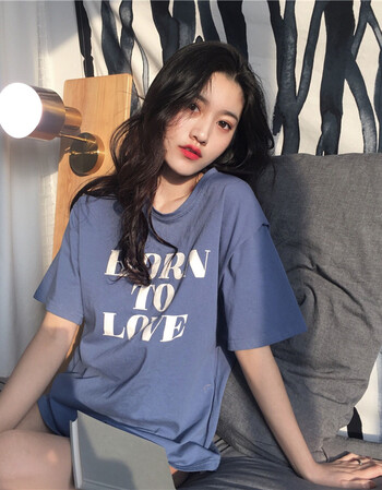 2018新款款马卡龙圆领宽松百搭时尚港味复古风t恤女 雾蓝 均码