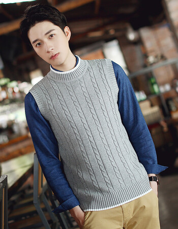 男士打底针织衫毛背心无袖毛衣麻花半高领韩版修身青年毛线马甲潮 浅