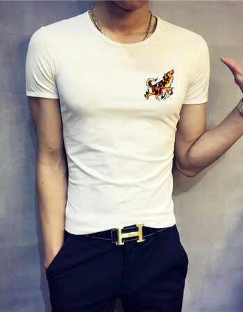 男t恤夏季新款社会印花紧身青年半截袖体恤潮修身学生上衣男 小飞狼