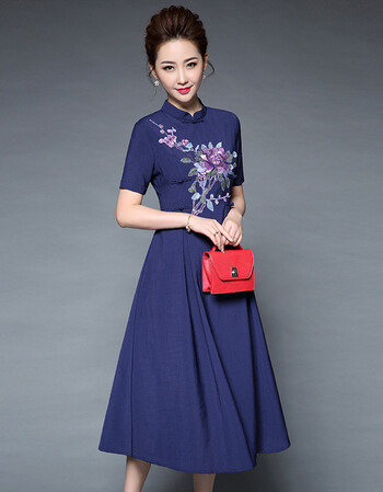 夏装新款重工绣花棉麻复古小立领旗袍款修身大摆长款连衣裙女 蓝色 m
