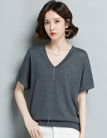 sz鸡心领t恤女短袖体桖夏装2018新款冰丝半袖针织衫夏天v领上衣服丅
