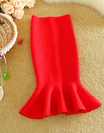 维纳2018春秋中长款燕尾裙高腰针织荷叶边半身裙鱼尾性感包臀裙 红色