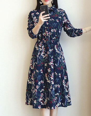 棉麻风连衣裙女长袖春秋季2018新款韩版宽松纯棉中长款小碎花裙子sn