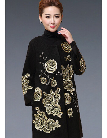 老年妈妈装宽松刺绣花大码羊毛呢外套女中长款呢子大衣冬季风衣 金花