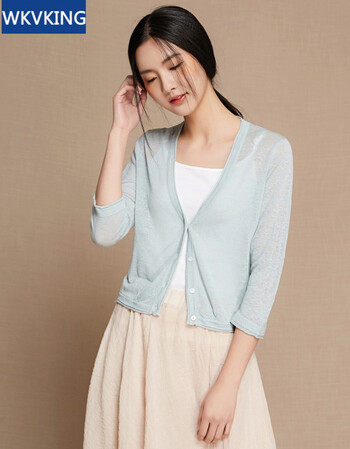 外搭开衫薄外套2018春夏防晒短款亚麻棉麻针织开衫文艺气质 鸭蛋绿