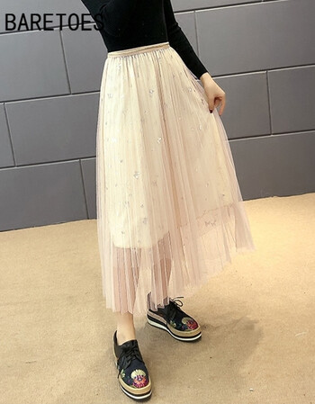 baretoes2018春秋亮片半身裙女群子纱裙网纱中长款百搭显瘦韩版学生