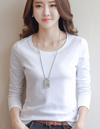 春季圆领打底衫女长袖修身百搭修身白色t恤女上衣棉质体恤衫 白色 s