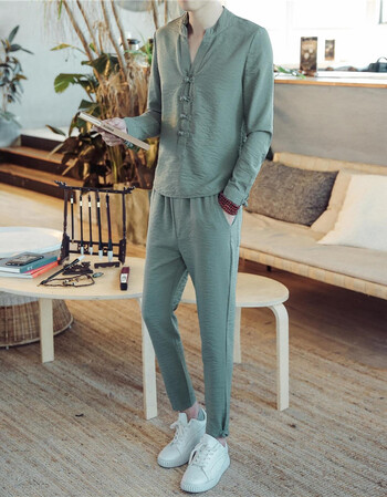 古莱登 唐装套装男青年整套文艺演出服装中国风盘扣七分袖亚麻衬衫男