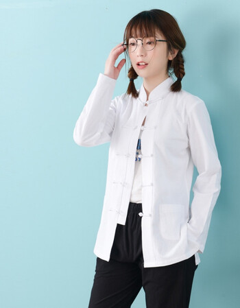 新款打底衫中式盘扣上衣外套立领衬衫女春秋长袖衬衣棉麻唐装 白色 xl