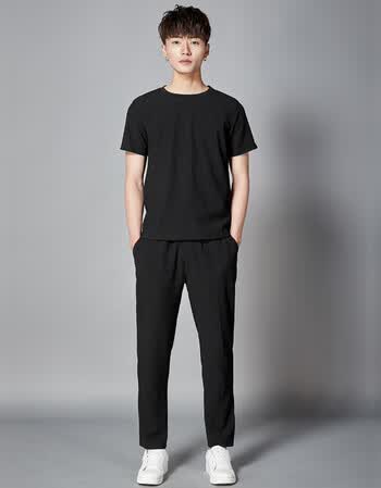 gronkjaer 港风潮男休闲短袖套装夏季新款潮牌修身t恤长裤两件套 黑色