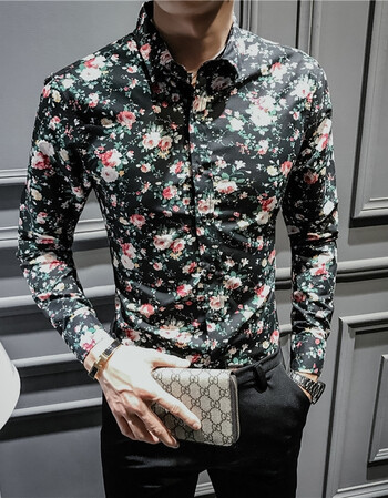 花衬衫男长袖春夏修身休闲青年碎花衬衣印花发型师潮流个性男装潮