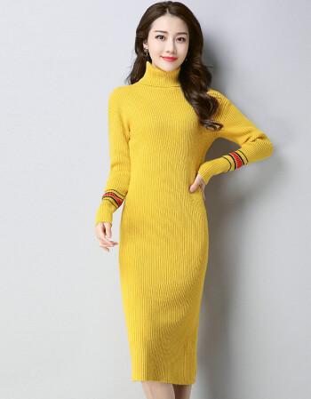 韩版修身女式长款毛衣裙2017秋冬新款时尚搭套头长袖针织连衣裙 黄色