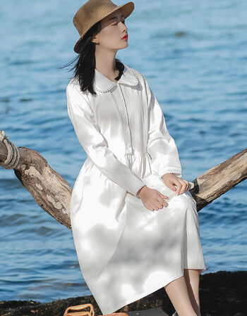 新款文艺森系复古娃娃领高腰连衣裙学生长袖纯色显瘦连衣裙女 白色 xl