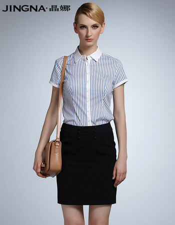 品牌女装2018新款修身蓝白条纹衬衫女短袖中长款简约职业装上衣工作服