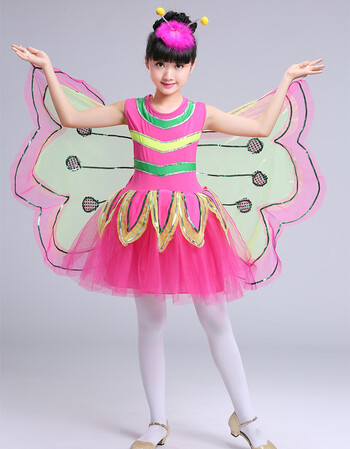新款六一虫儿飞儿童蝴蝶演出服幼儿舞蹈纱裙带翅膀蜻蜓表演服 红色b款