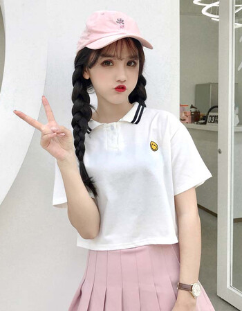 春夏t恤女装2018新款韩版百搭短款短袖t恤polo衫笑脸绣花学生女上衣